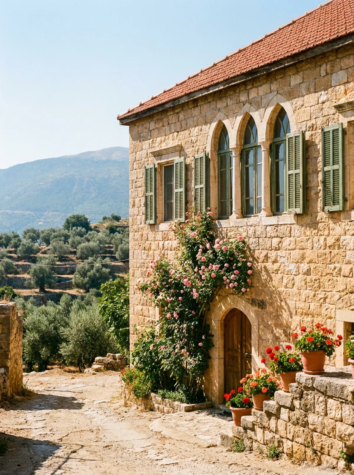 The stone house in Barouk, roses climbing beside the old door