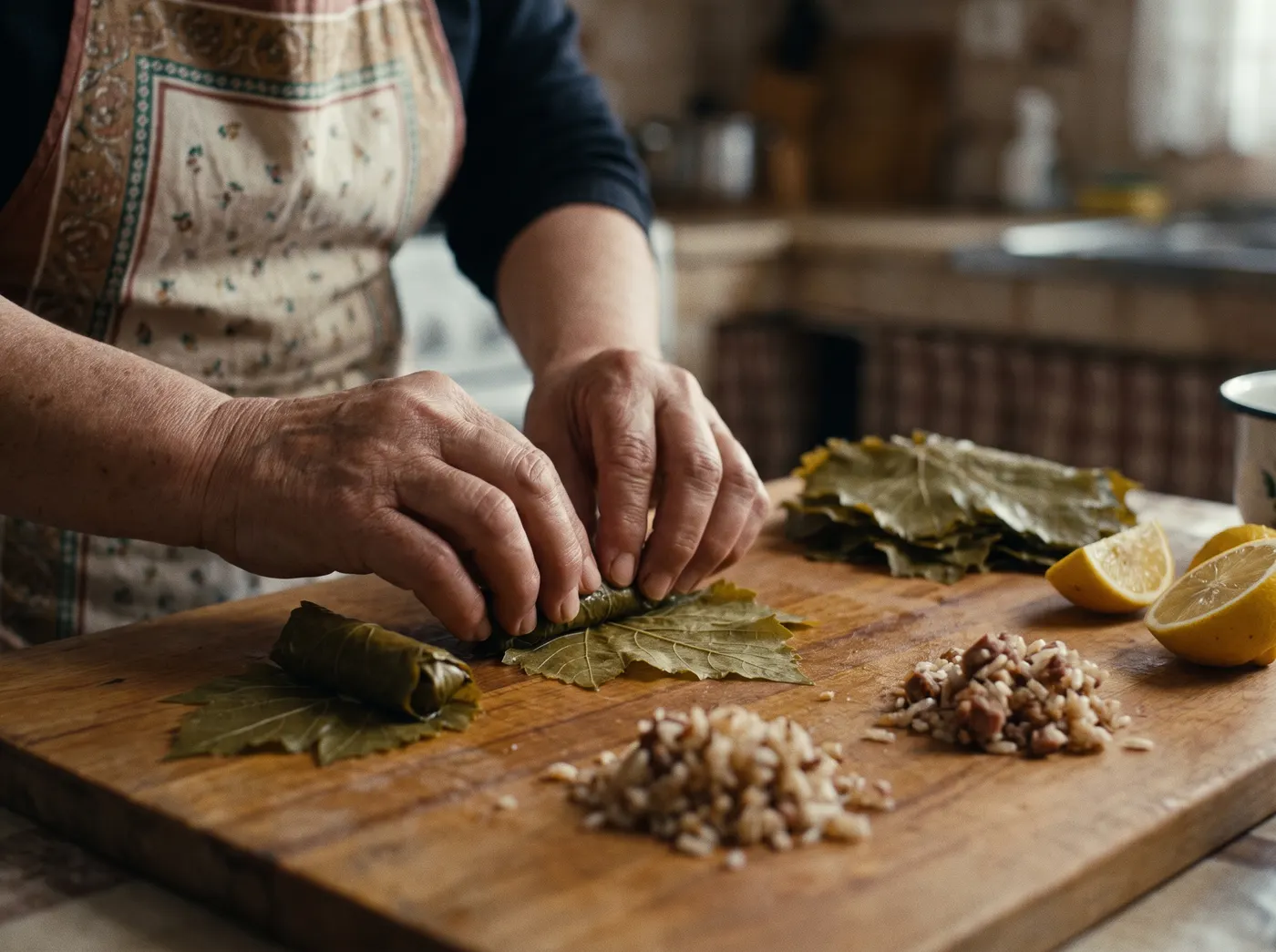 Ward's hands folding vine leaves on the floured wooden table